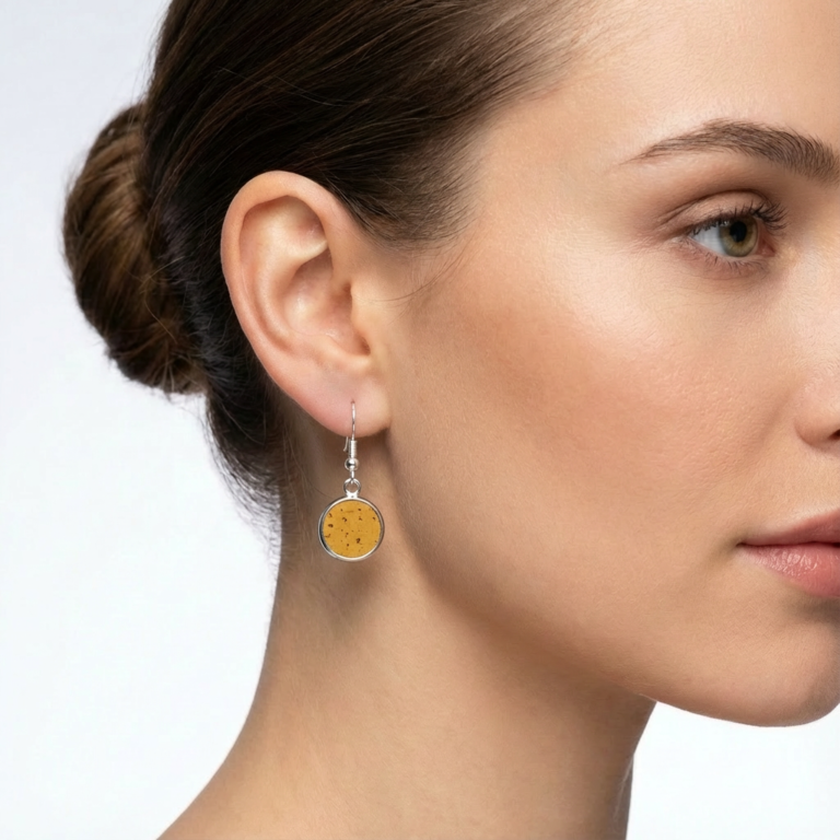Mustard Yellow Vegan Cork Circle Drop Earrings on a model