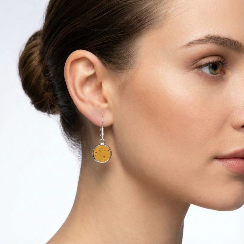 Mustard Yellow Vegan Cork Circle Drop Earrings on a model