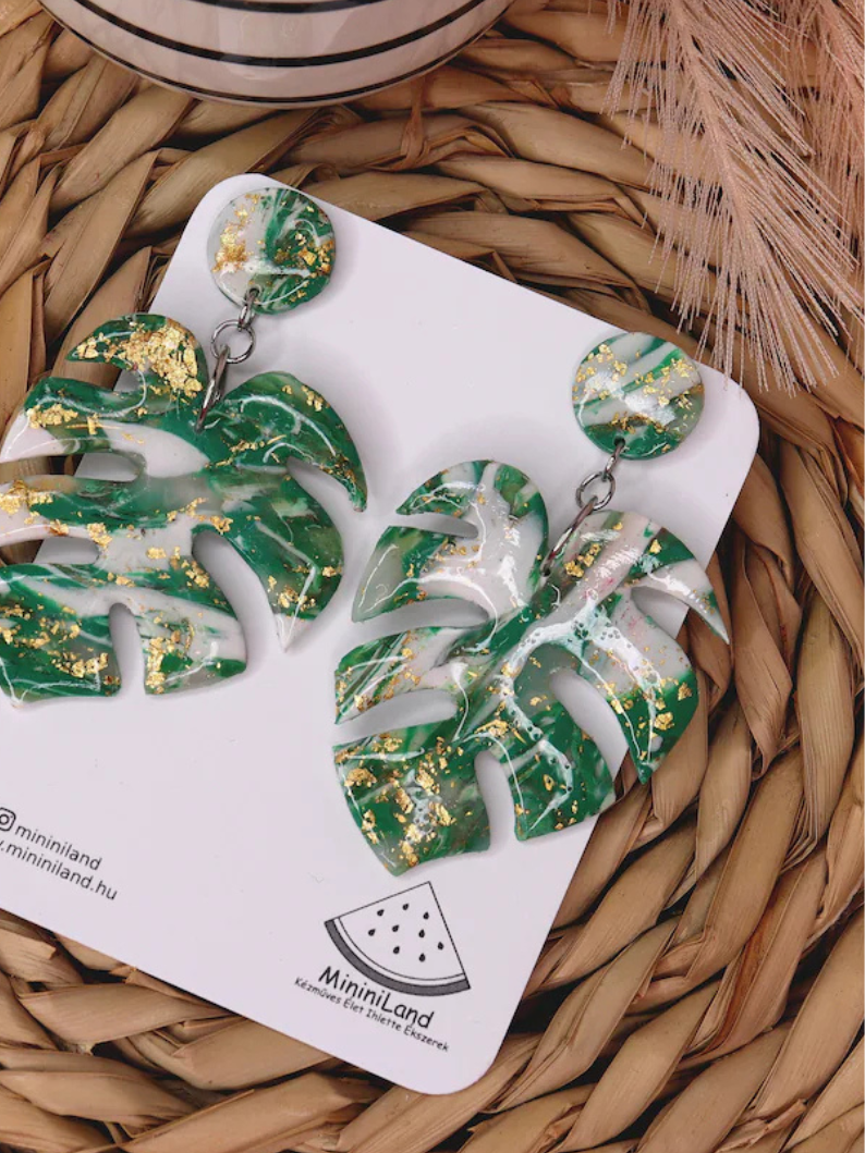 Untitled design (8) Rainforest Dream Vegan Cork Monstera Dangle Earrings - Emerald - Image 1