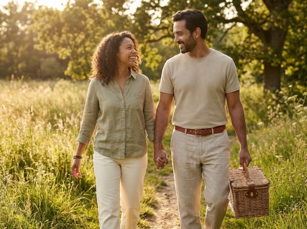 models out for a picnic wearing firehose belt and cork bracelet