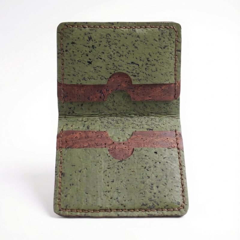 green and brown cork cardholder inside