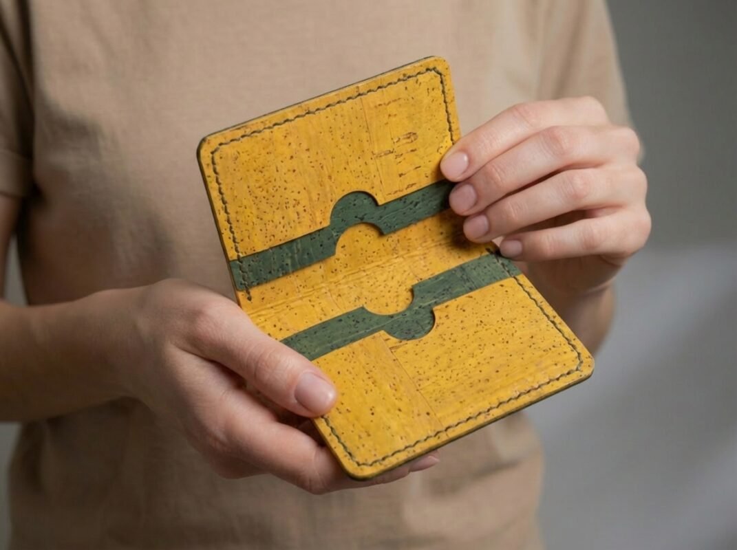 Yellow and green cork cardholder wallet being held by a model