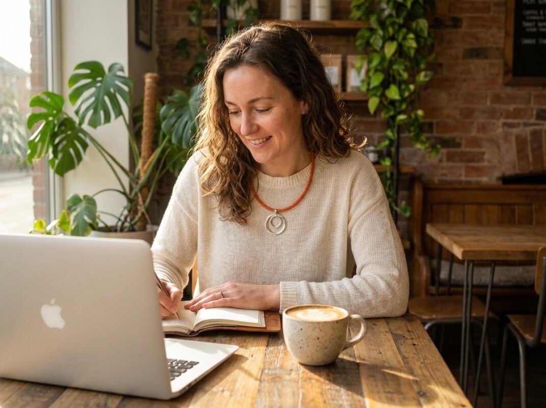 model in coffee shop with laptop wearing organge cork necklace